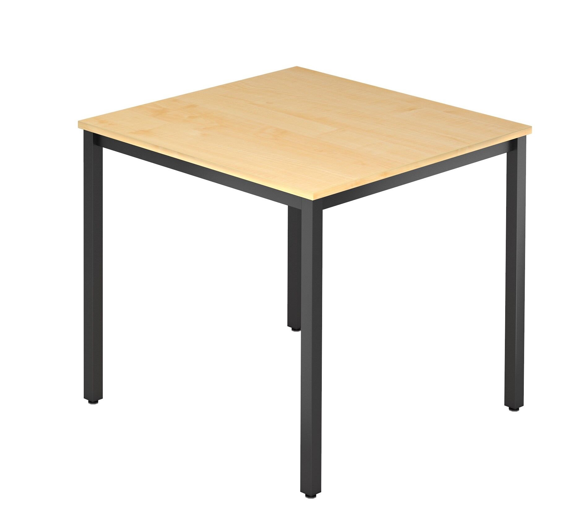 Rechteckiger Tisch mit heller Holzplatte und schwarzen Stahlbeinen, ideal für ergonomische Büroumgebungen.