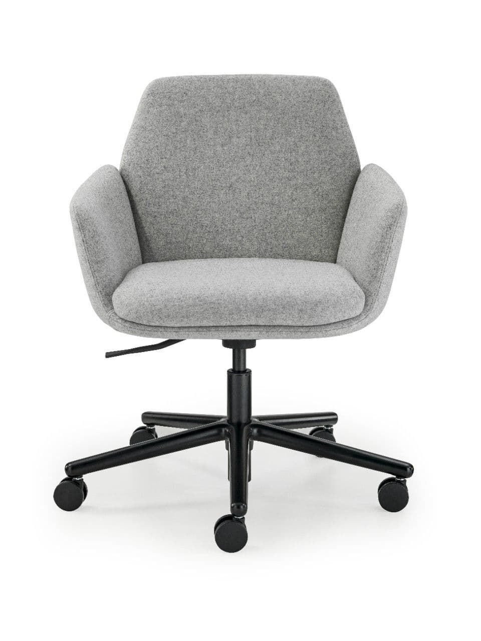 Grauer ergonomischer Bürostuhl auf schwarzen Rollen, bietet komfortables und dynamisches Sitzen für das Home Office.