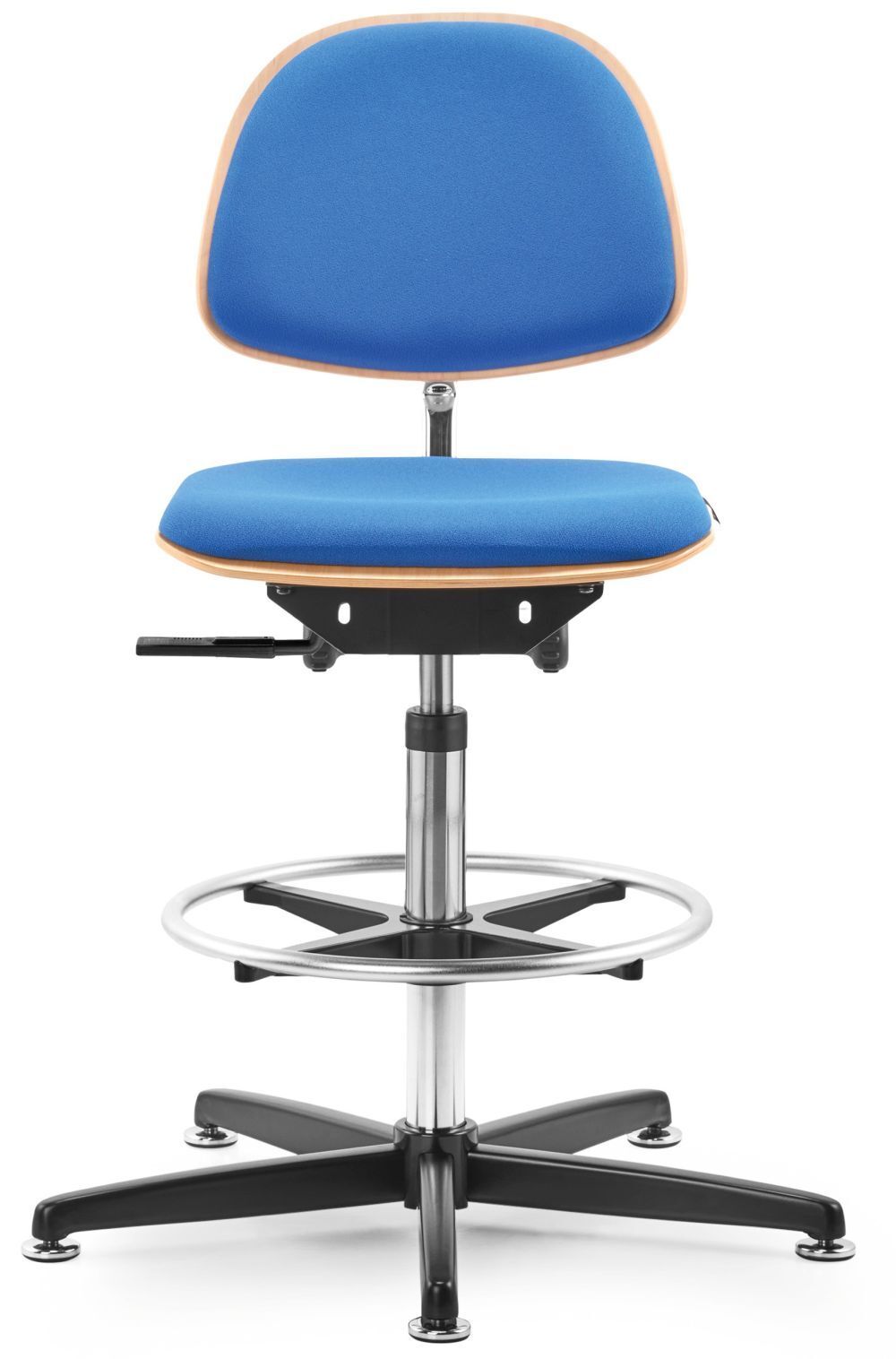 Ergonomischer Bürostuhl mit blauer Polsterung, höhenverstellbar und Fußring auf stabilem Gestell für dynamisches Sitzen.