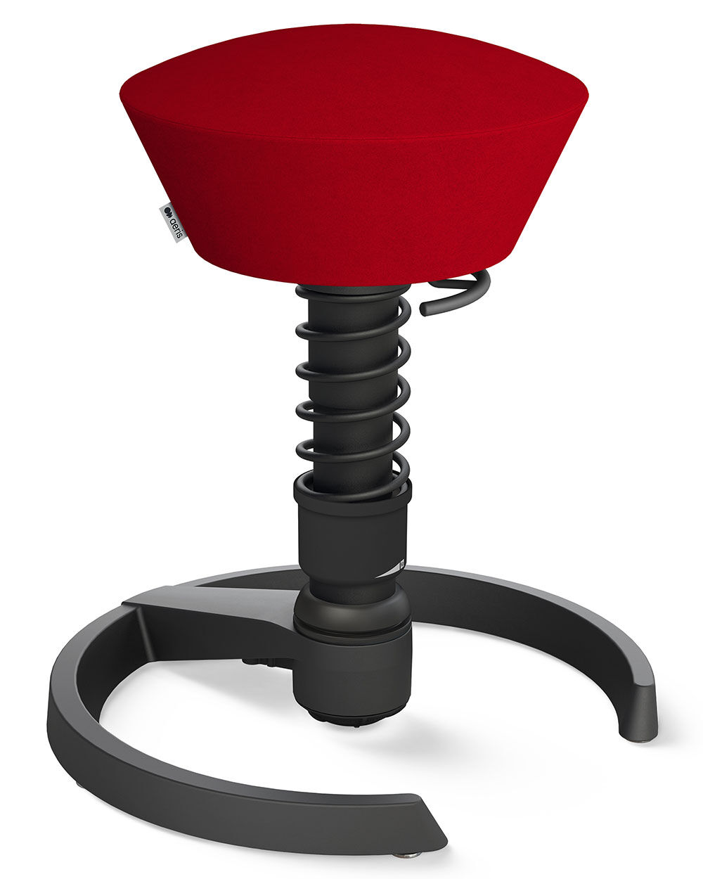 Ergonomischer Hocker mit rotem Sitz und spiralförmiger Federung für dynamisches Sitzen und aktive Büroarbeit.