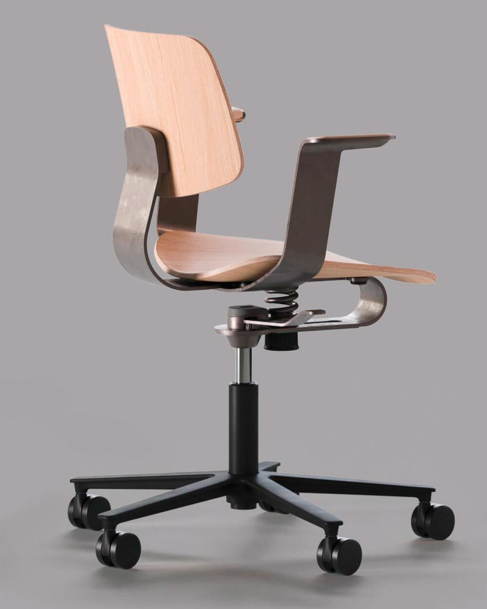 Ergonomischer Bürostuhl mit Holzrückenlehne und Metallgestell, auf Rollen für dynamisches und gesundes Sitzen.