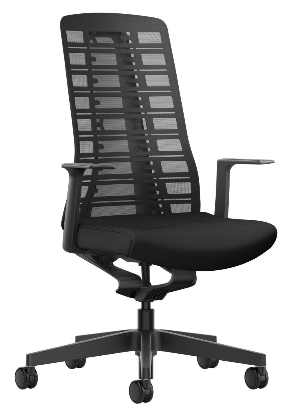 Moderner ergonomischer Bürostuhl mit Netzrückenlehne und verstellbaren Armlehnen, ideal für dynamisches Sitzen.