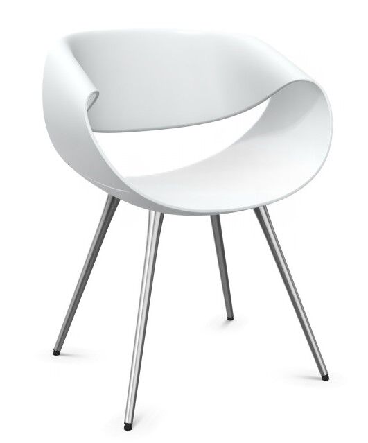 Moderner, weißer Bürostuhl mit gebogener Rückenlehne und schlanken, silbernen Metallbeinen für ergonomischen Sitzkomfort.