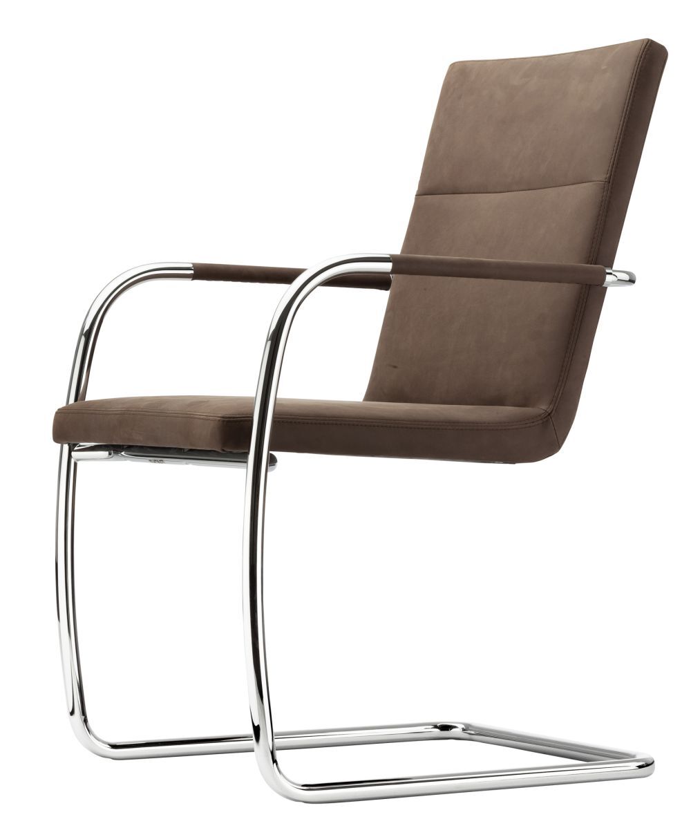 Moderner, ergonomischer Freischwinger mit braunem Lederpolster und verchromtem Gestell für komfortables, dynamisches Sitzen.