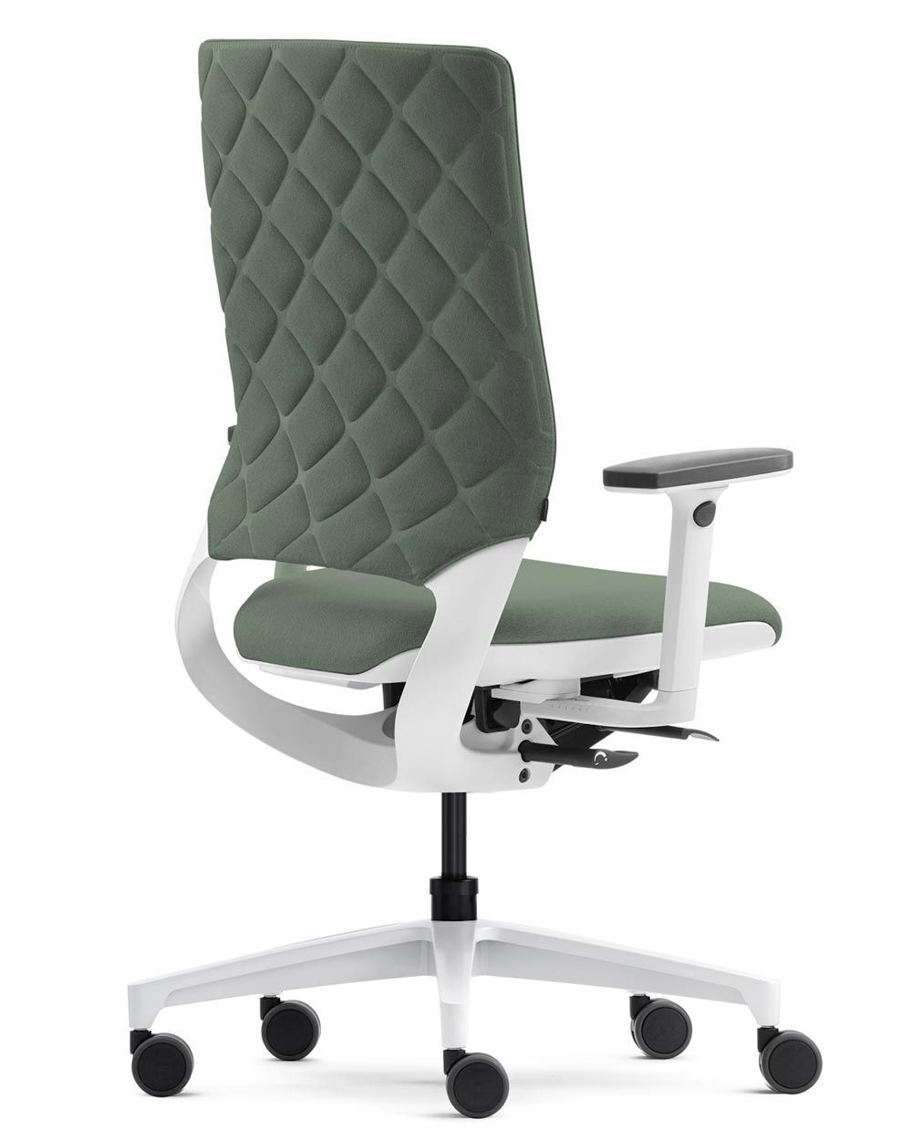 Ergonomischer Bürostuhl mit grünem, gepolstertem Rückenteil und weißem Rahmen auf Rollen.