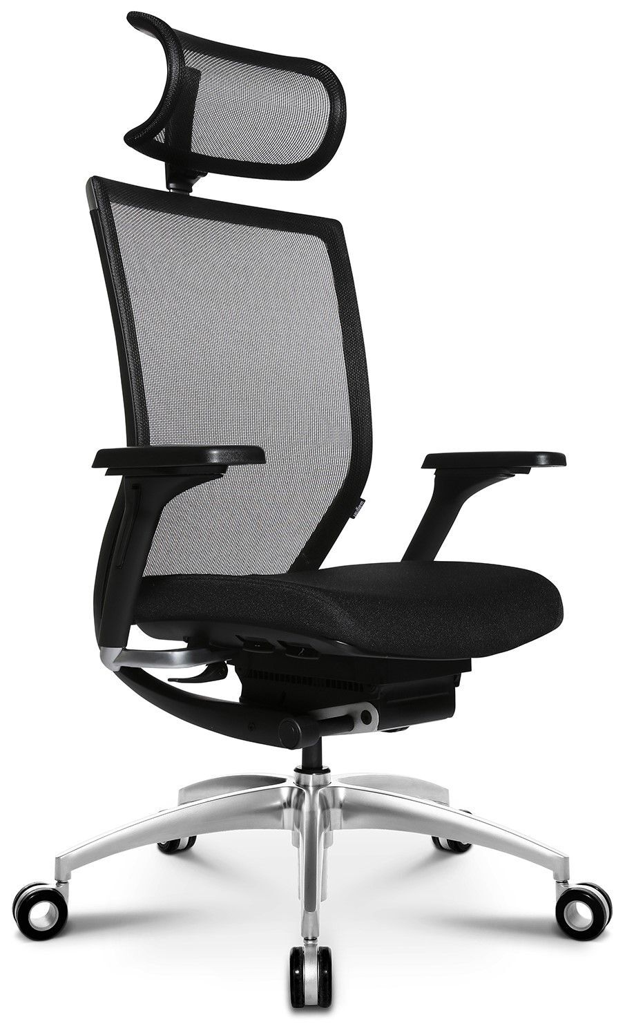 Ergonomischer Bürostuhl mit Netzrückenlehne, Kopfstütze und gepolstertem Sitz auf Rollen für dynamisches Sitzen.