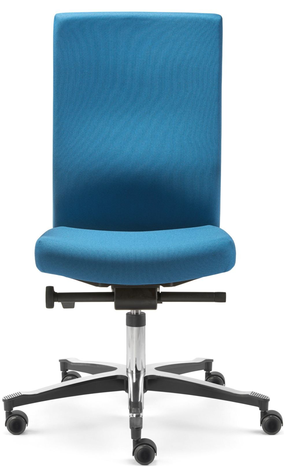 Ergonomischer Bürostuhl in Blau mit verstellbarer Sitzhöhe und Rollen, ideal für dynamisches Sitzen.