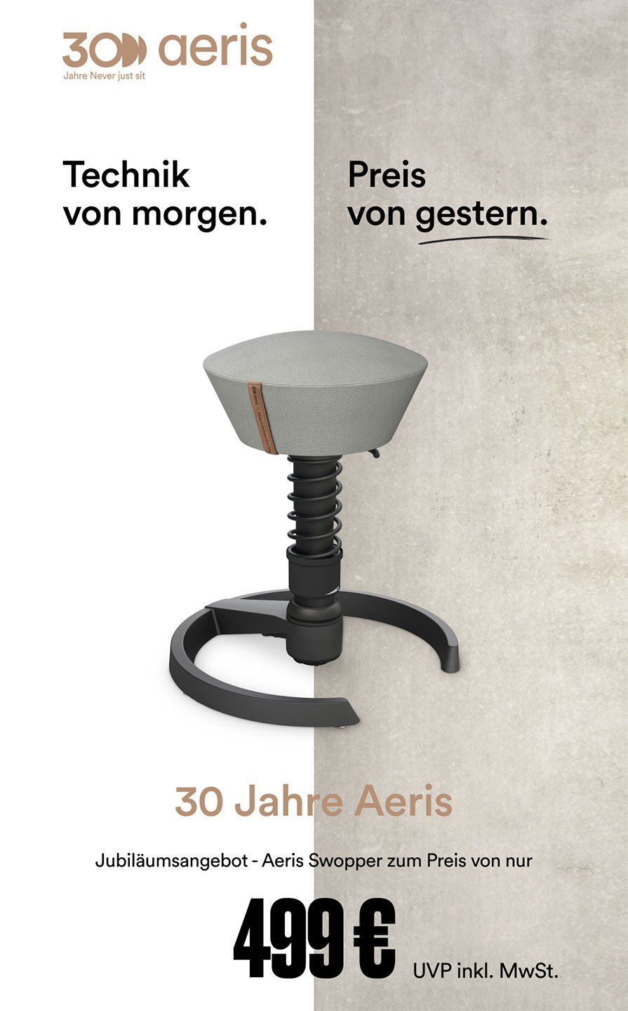 Grafik zeigt Aeris Swopper Hocker, beworben als ergonomische Sitzlösung. Sonderangebot zum Jubiläumspreis von 499 Euro.