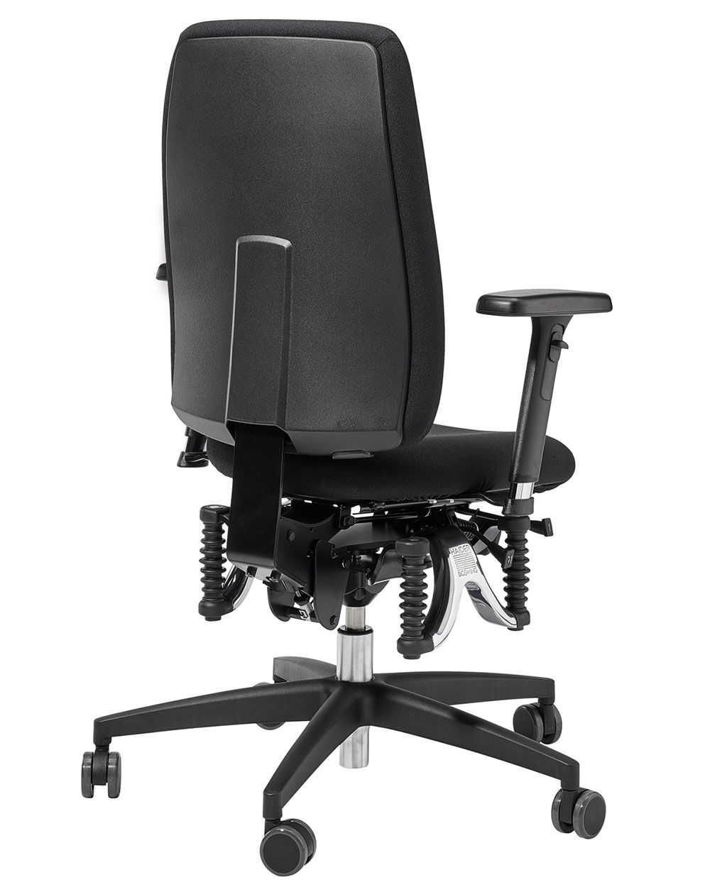 Rückansicht eines ergonomischen Bürostuhls mit verstellbaren Armlehnen und speziellem Federmechanismus für bewegtes Sitzen.
