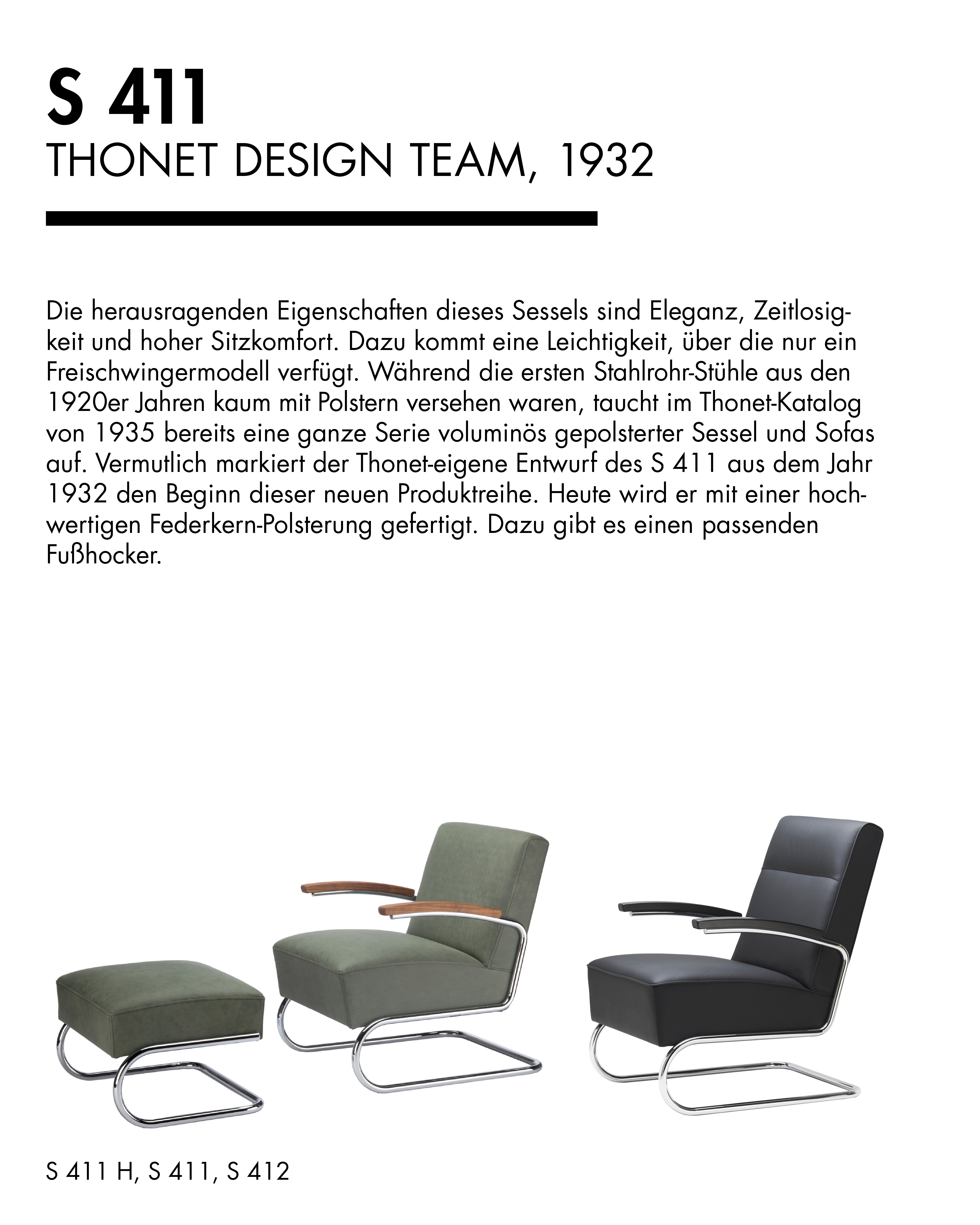 Thonet Sessel S 411 von 1932 mit Ottomane, ausgestellt mit einem schwarzen und einem grünen Polstermodell.