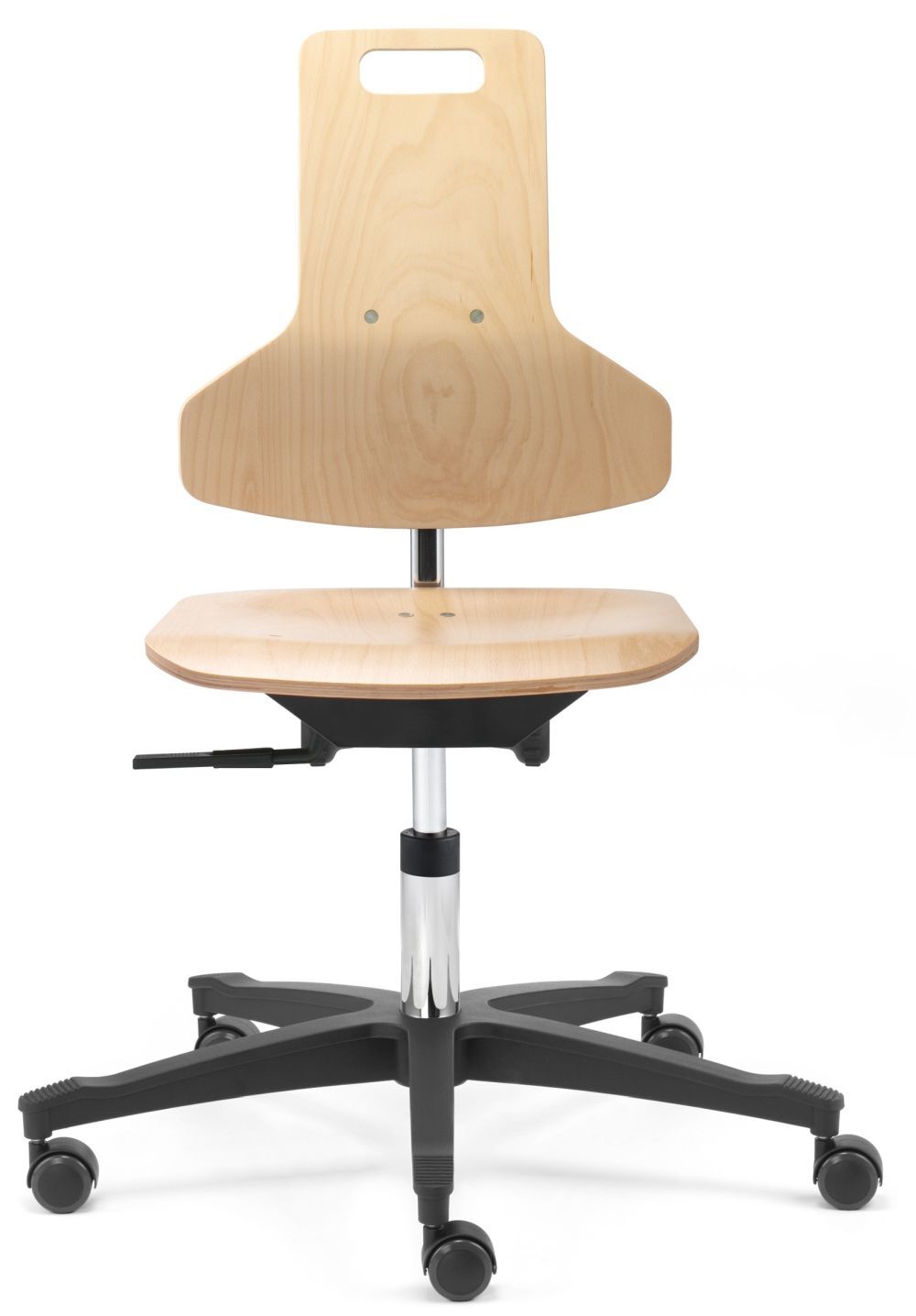 Ergonomischer Bürostuhl aus Holz mit Rollen, höhenverstellbar, zeigt modernes Design und Funktionalität.
