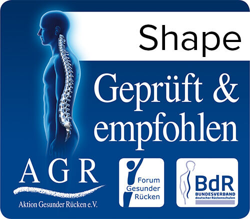 Grafik mit Wirbelsäule, Text: Geprüft & empfohlen, Logos von AGR, Forum Gesunder Rücken, BdR.