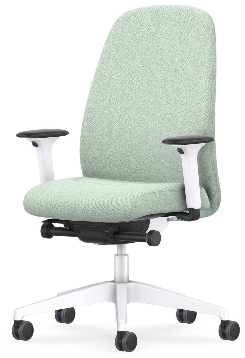 Hochwertiger ergonomischer Bürostuhl mit hellgrünem Stoffbezug, weißen Armlehnen und Rollen für dynamisches Sitzen.