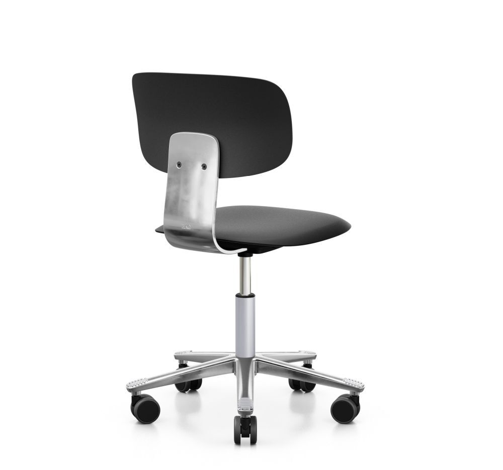 Ergonomischer Bürostuhl mit schwarzem Sitz, verstellbarer Rückenlehne und rollbarem Metallfuß für dynamisches Sitzen.