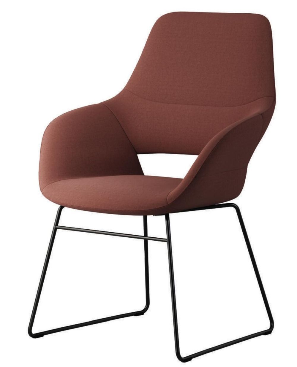 Moderner, roter ergonomischer Stuhl mit gebogener Rückenlehne und schwarzem Metallgestell, ideal für dynamisches Sitzen.