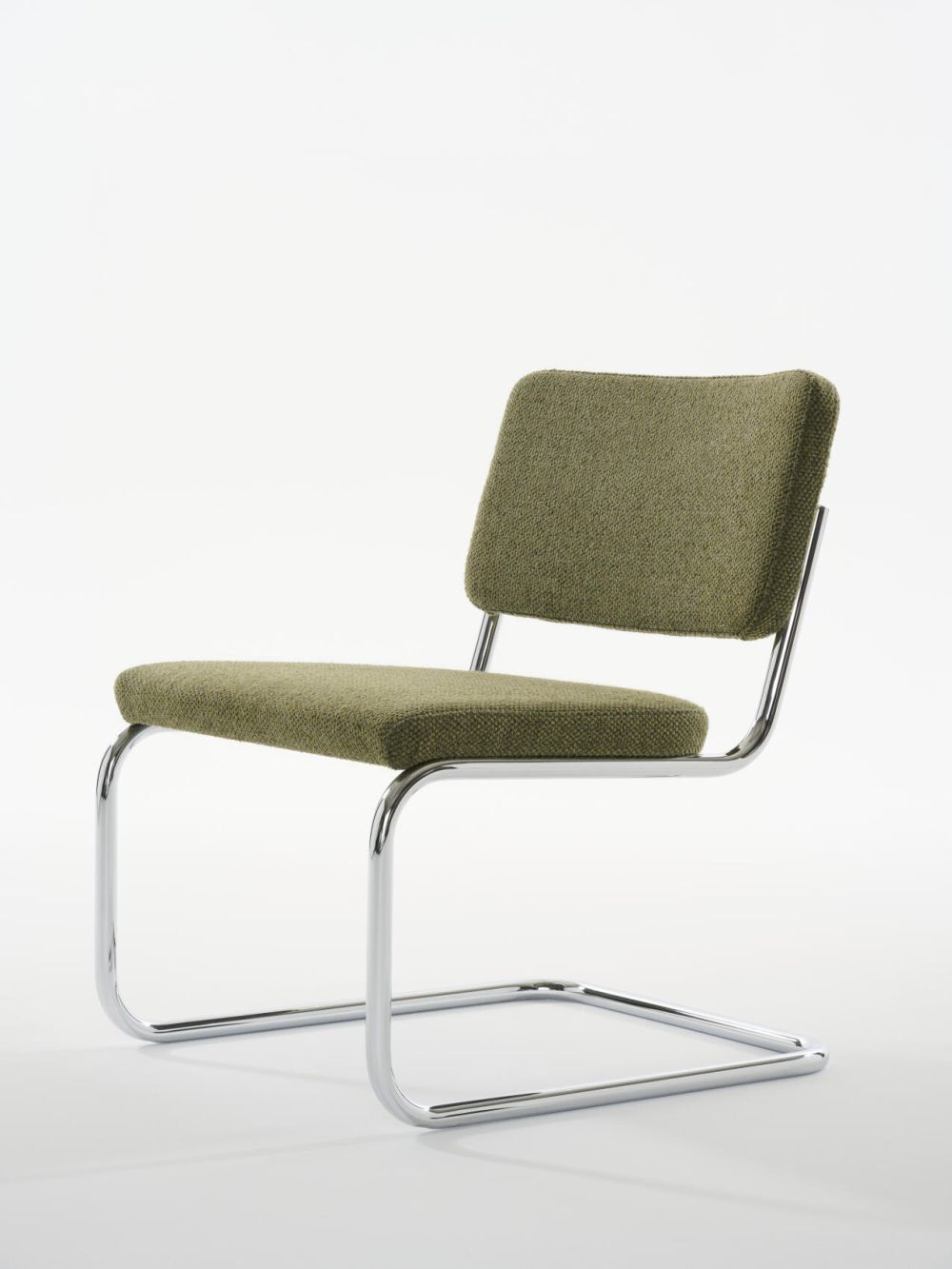 Moderner Freischwingerstuhl mit olivegrünem Stoff, auf glänzendem Metallrahmen, ideal für ergonomische Büroeinrichtungen.