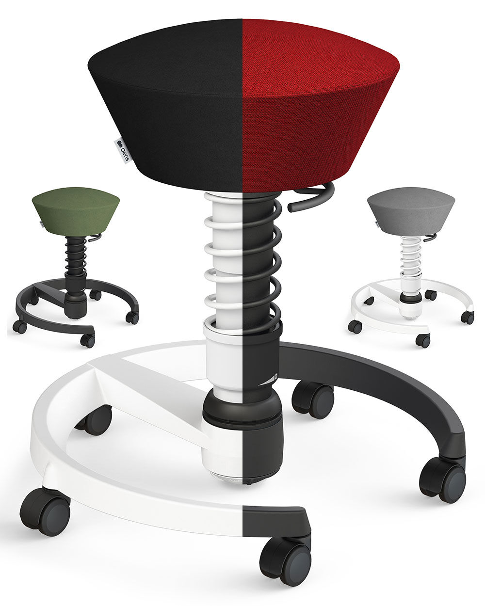 Ergonomischer Bürostuhl mit Rollfuß, schwarz-roter Sitzfläche und dynamischem Federmechanismus für aktives Sitzen.