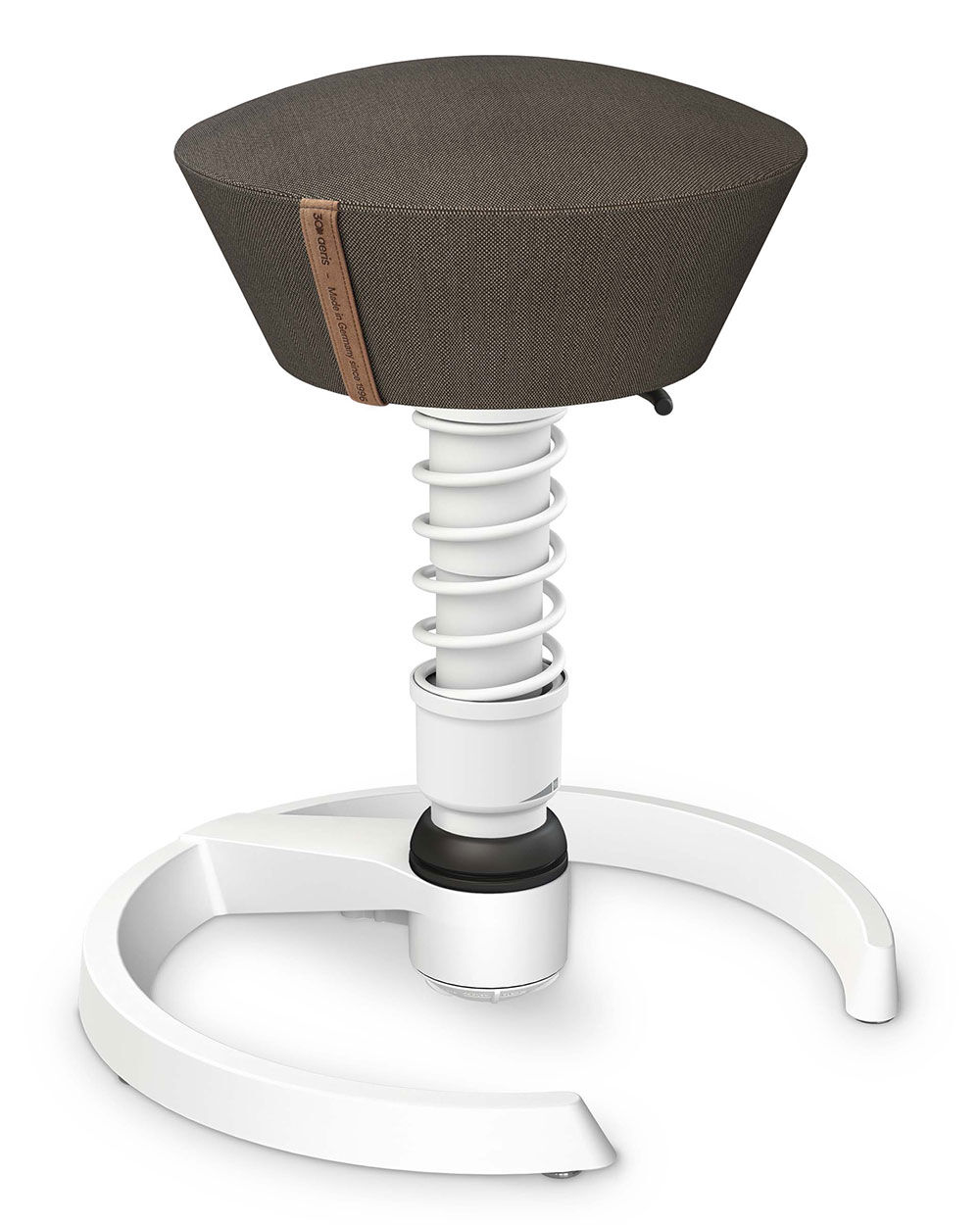 Ergonomischer Hocker mit elastischem Sitzpolster und stabiler, weißer Federbasis, fördert dynamisches Sitzen.