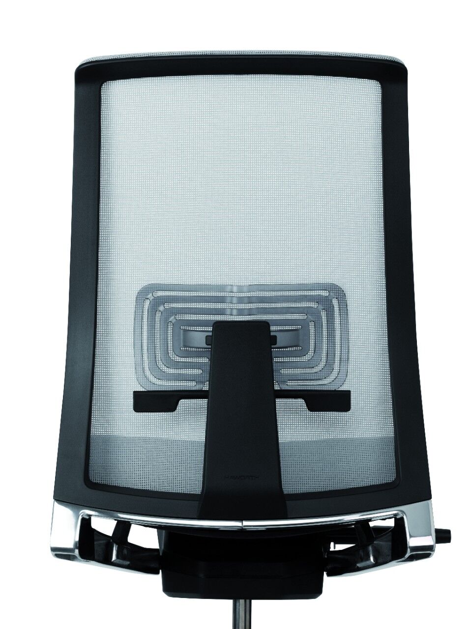 Rückenlehne eines ergonomischen Bürostuhls mit atmungsaktivem Mesh-Stoff und verstellbarer Lendenwirbelstütze.