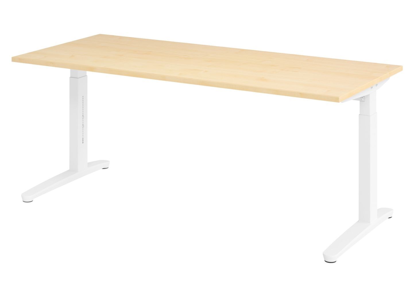 Höhenverstellbarer Schreibtisch mit heller Holzplatte und weißen T-Füßen für ergonomisches Arbeiten.