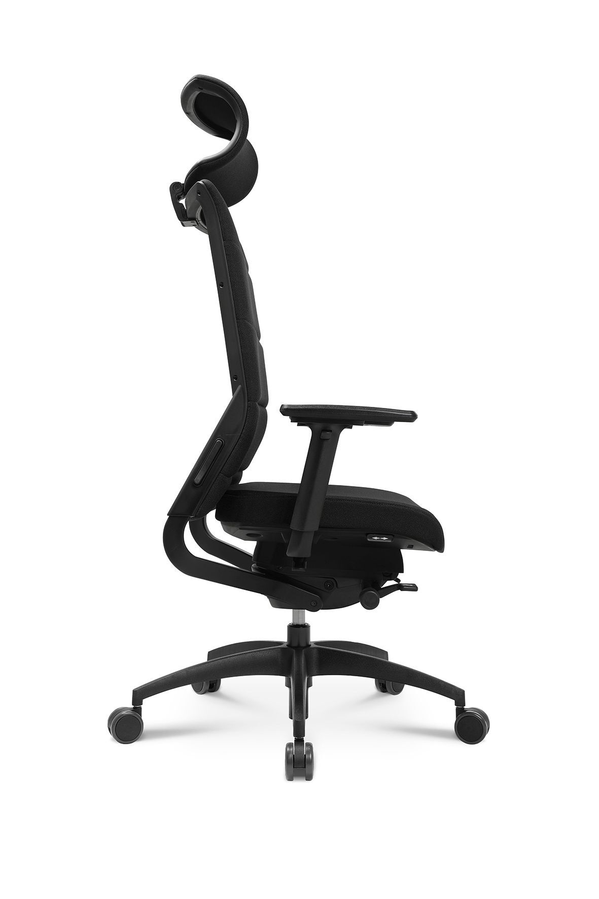 Ergonomischer Büro-Drehstuhl mit verstellbarer Kopfstütze, gezeigt im Profil auf weißem Hintergrund.