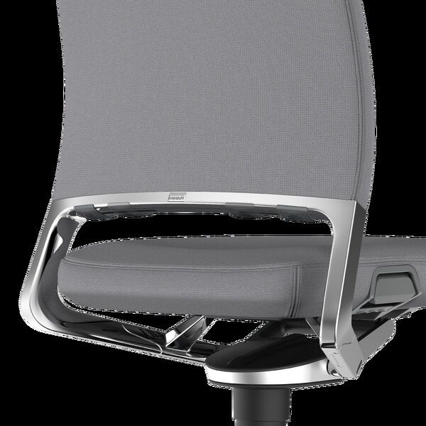 Grauer ergonomischer Bürostuhl mit verstellbarer Rückenlehne und silbernem Rahmen für dynamisches Sitzen.