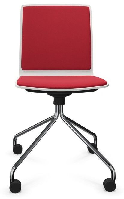 Moderner ergonomischer Bürostuhl mit rotem Sitz und Rückenlehne, silbernem Drehgestell und Rollen.