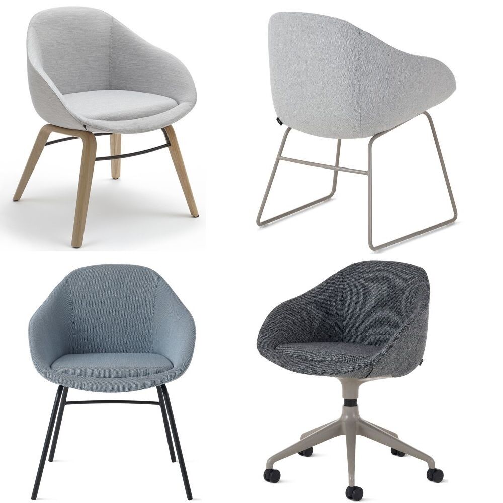 Vier ergonomische Stühle aus Stoff in verschiedenen Grautönen und Beinen aus Holz, Metall und Kunststoff.