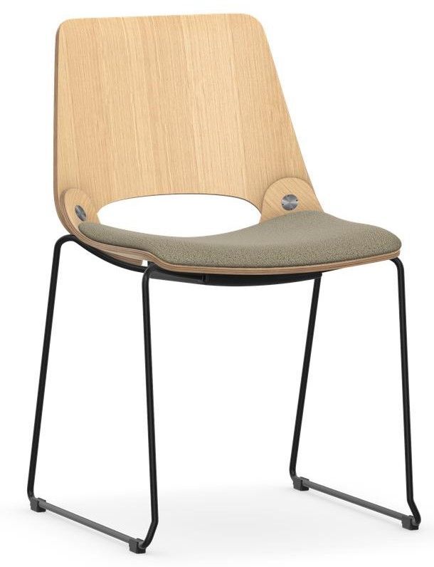Moderner Bürostuhl mit Holzrückenlehne, gepolstertem Sitz und schlankem Metallrahmen in minimalistischem Design.