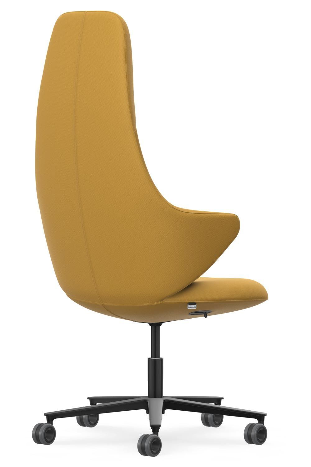 Seitenansicht eines gelben ergonomischen Bürostuhls mit hoher Rückenlehne und drehbarem Rollfuß.
