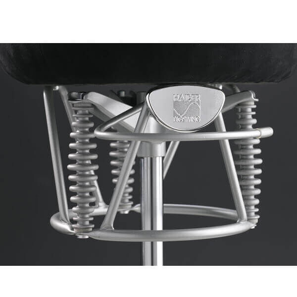 Detailansicht eines ergonomischen Stuhluntergestells mit Metallfedern und HAIDER Bioswing-Logo, für dynamisches Sitzen.