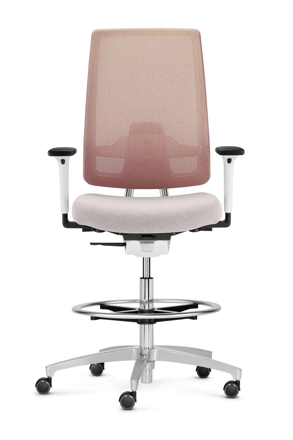 Ergonomischer Bürostuhl mit runder Fußstütze, höhenverstellbar und Netzrückenlehne, ideal für dynamisches Sitzen.