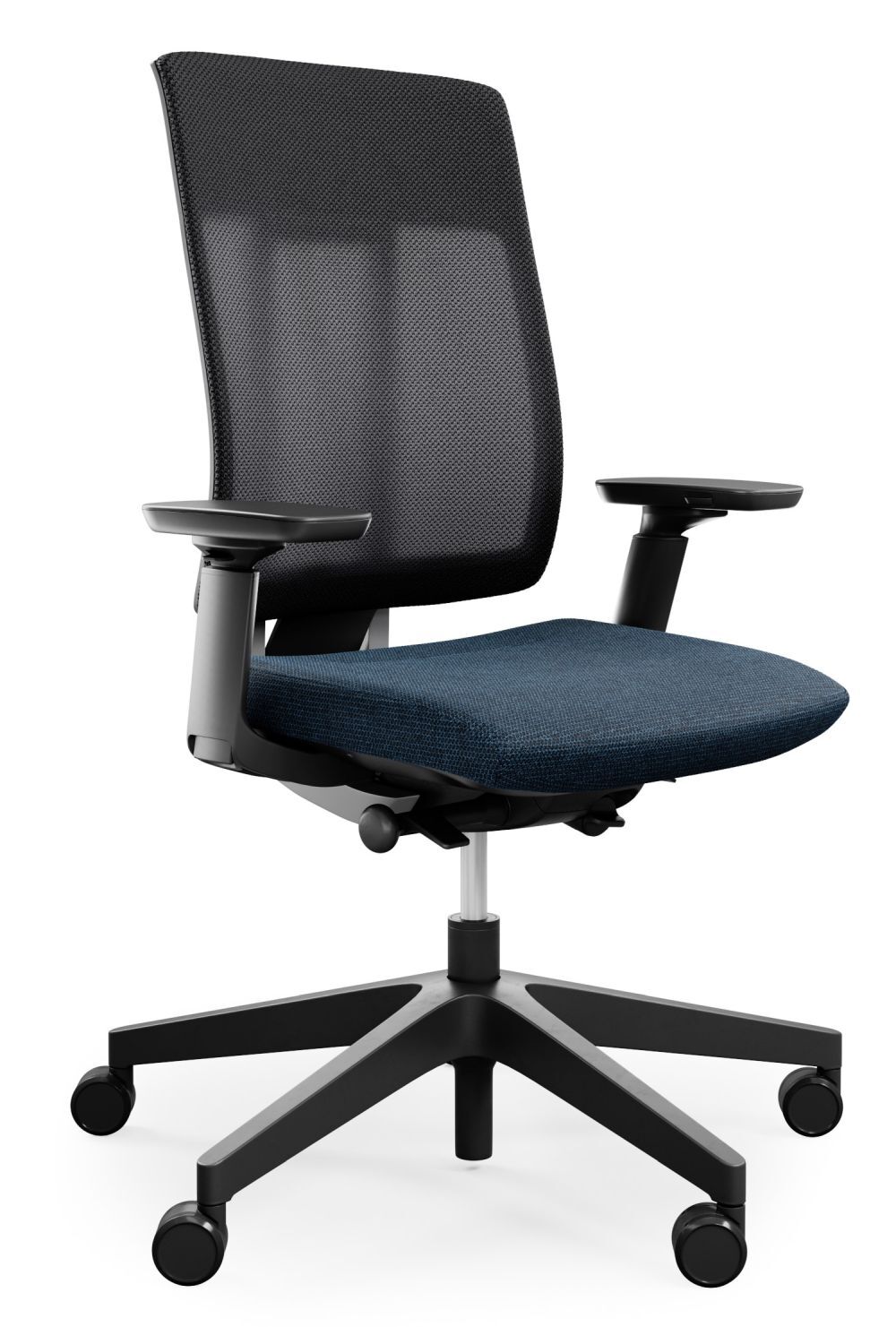 Ergonomischer Bürostuhl mit gepolsterter Sitzfläche, Netzrückenlehne und verstellbaren Armlehnen auf fünf Rollen.