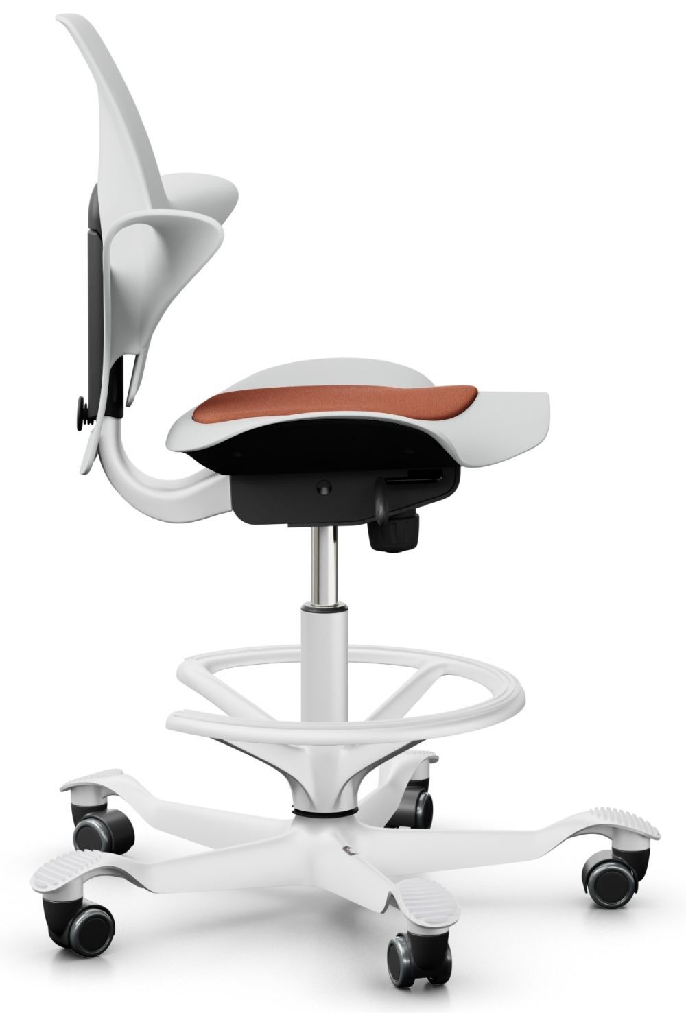 Moderner ergonomischer Bürostuhl mit gebogenem Rückenteil und gepolsterter Sitzfläche für dynamisches Sitzen.