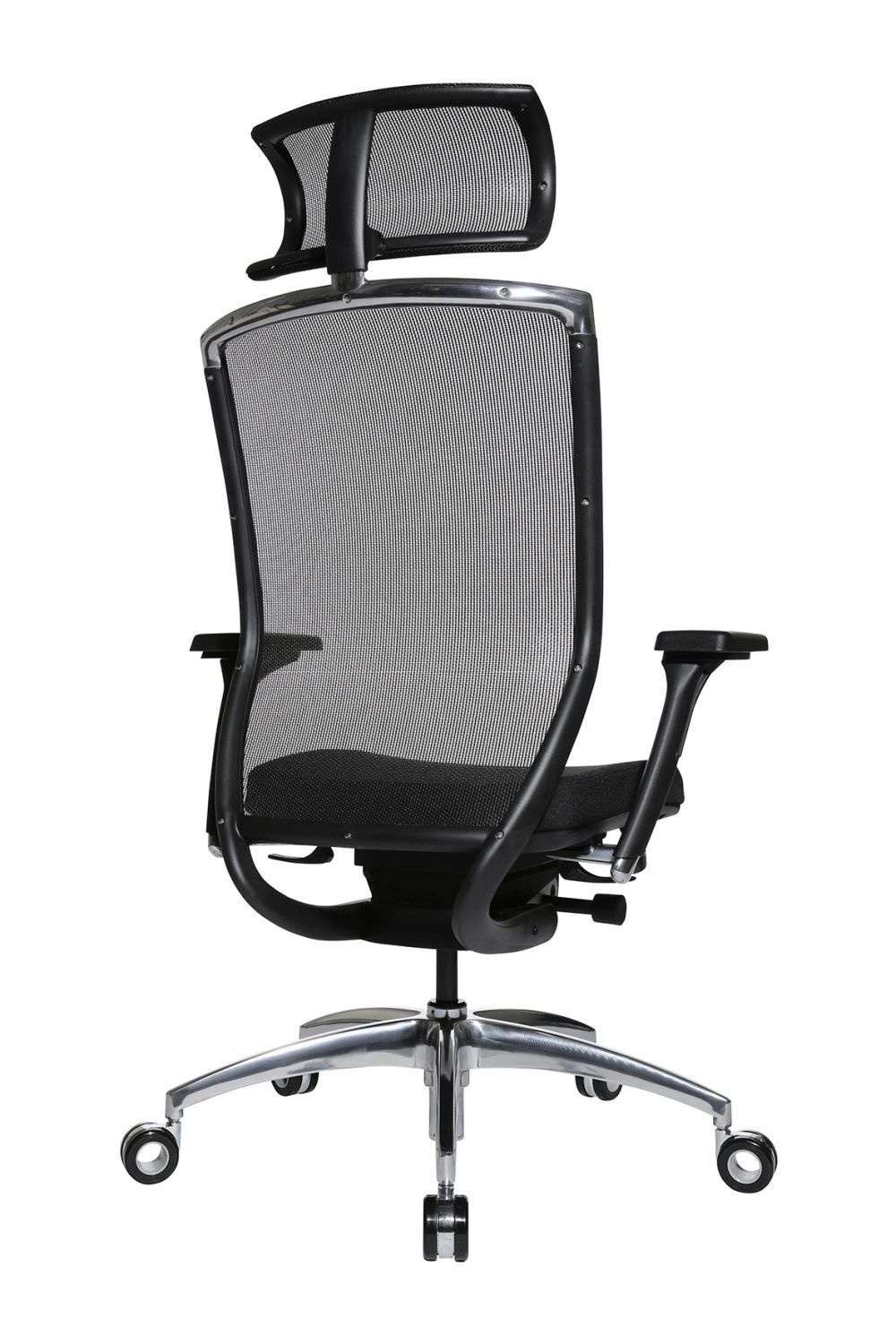 Ergonomischer Bürostuhl mit Netzrückenlehne, verstellbarem Kopfstütze und poliertem Metallfuß für dynamisches Sitzen.