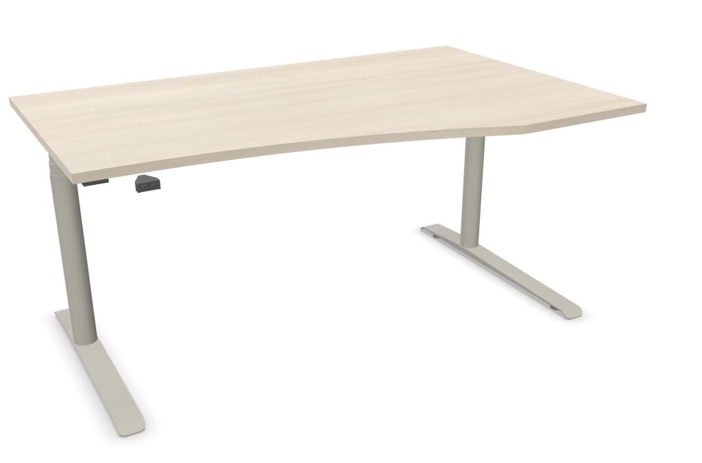 Höhenverstellbarer Schreibtisch mit heller Holzplatte und ergonomischer Form für dynamisches, gesundes Arbeiten.