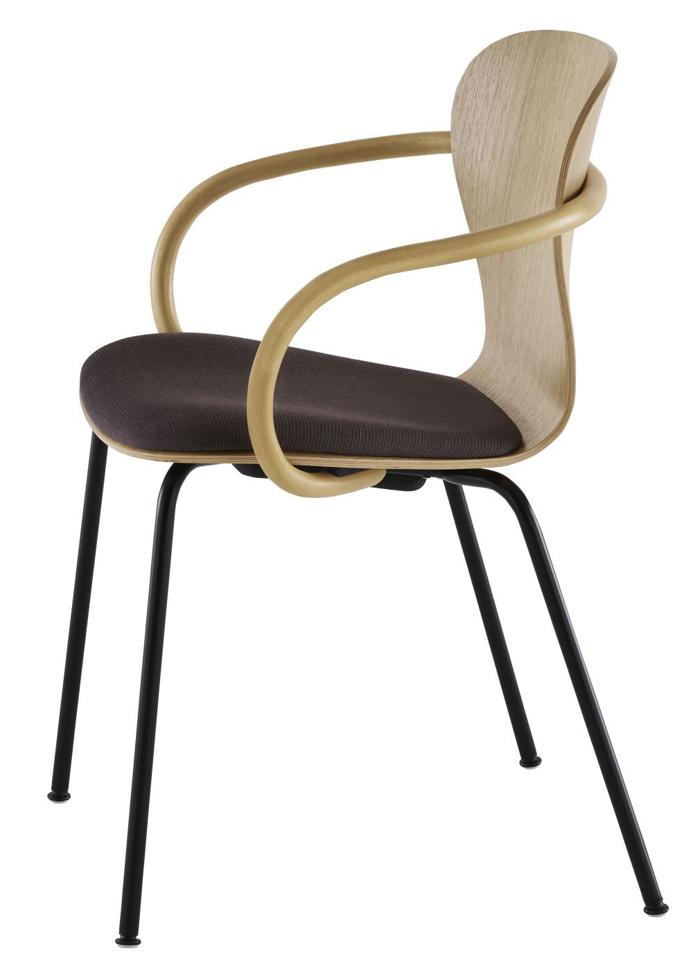 Ergonomischer Stuhl mit geschwungenen Holzlehnen, gepolstertem Sitz und schwarzen Metallbeinen für dynamisches Sitzen.