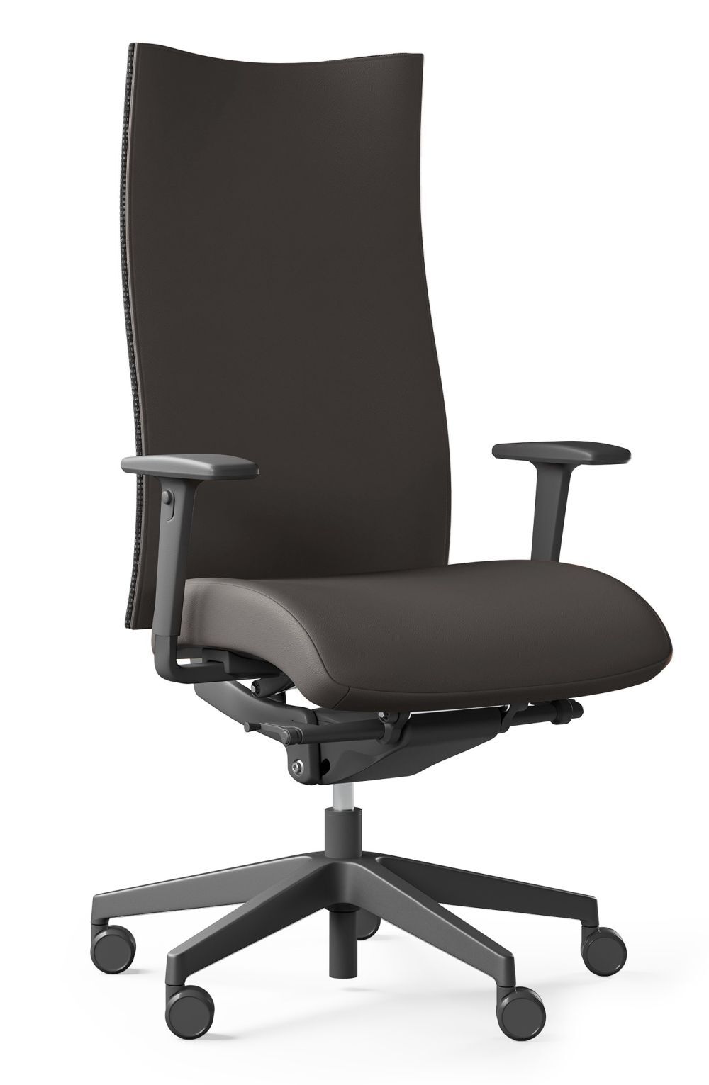 Ergonomischer Bürostuhl mit hoher Rückenlehne, verstellbaren Armlehnen und stabilem Drehfuß, ideal für dynamisches Sitzen.