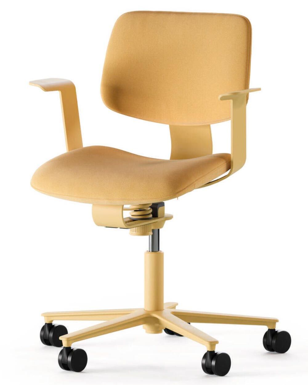 Ergonomischer Bürostuhl in hellem Gelb mit Rollen und verstellbaren Armlehnen für dynamisches Sitzen.