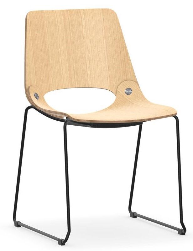 Moderner Holzstuhl mit schwarzem Metallgestell, ergonomischem Design und stilvollem, natürlichem Holzfinish.