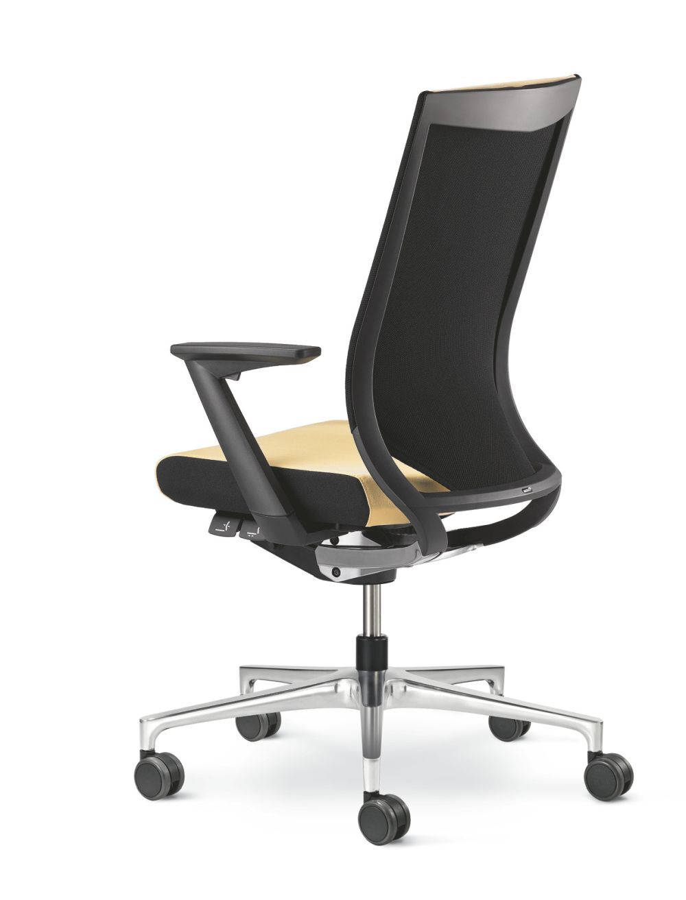 Ergonomischer Bürostuhl mit schwarzer Rückenlehne und gelbem Sitz, verstellbaren Armlehnen, auf Rollen.