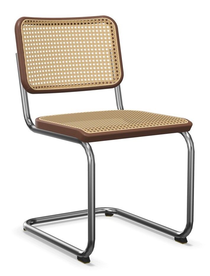 Moderner Freischwinger-Stuhl mit chromfarbenem Gestell und geflochtener Sitzfläche, ideal für ergonomisches Sitzen.