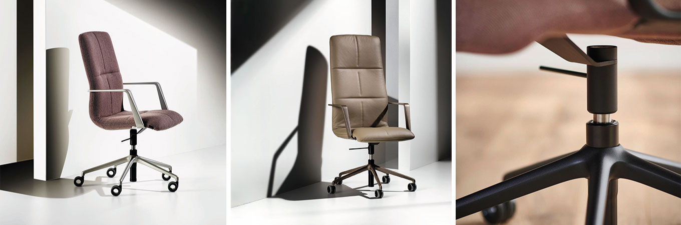 Ergonomische Bürostühle Wilkhahn Decide in verschiedenen Farben, mit Fokus auf hochwertige Polsterung und stabile Metallrahmen.