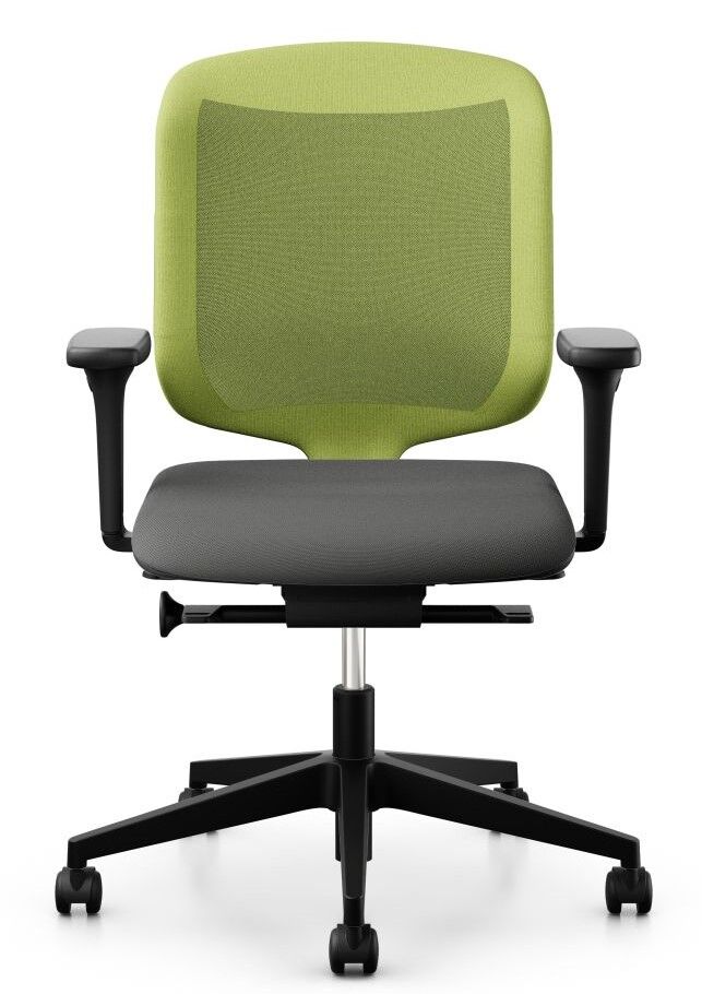 Ergonomischer Bürostuhl mit grüner Rückenlehne und schwarzem Sitz, verstellbare Armlehnen, ideal für gesundes Arbeiten.