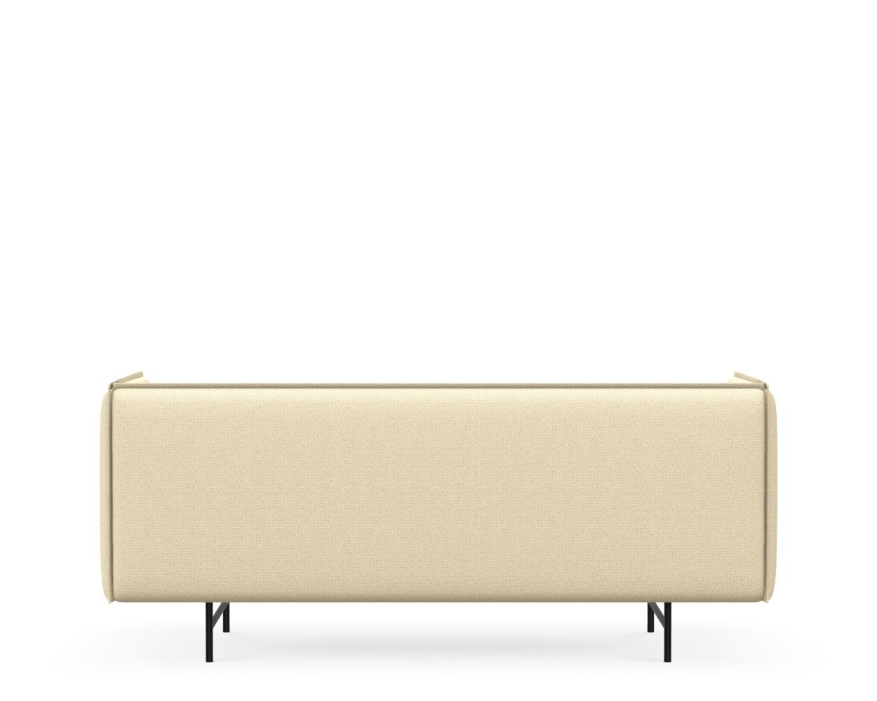 Rückansicht eines beigefarbenen Sofas mit schwarzen Metallfüßen, minimalistisches und elegantes Design.