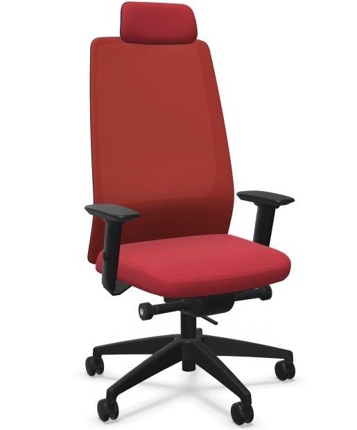 Roter ergonomischer Bürostuhl mit hoher Rückenlehne, Nackenstütze und verstellbaren Armlehnen auf fünf Rollen.