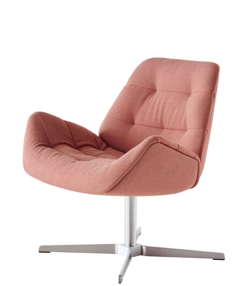 Eleganter rosafarbener Bürostuhl mit breiteren Armlehnen und modernem, silbernem Drehfuß.