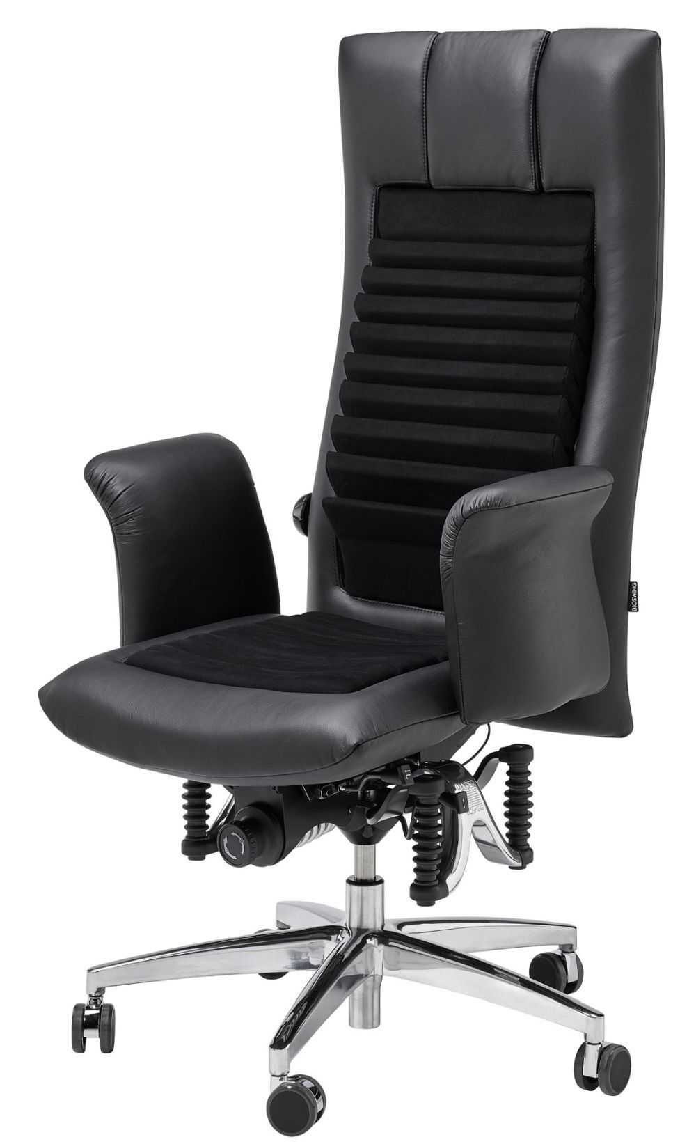 Ergonomischer Bürostuhl mit gepolsterter Rückenlehne, verstellbarem Sitz und schwarzem Bezug auf glänzendem Gestell.