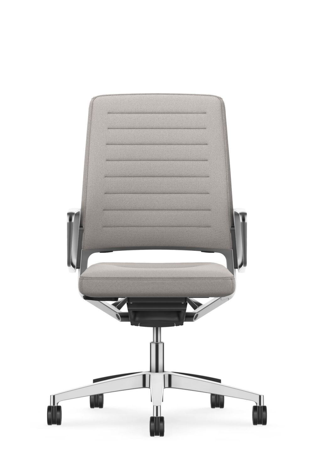 Ergonomischer Bürostuhl in Grau mit gepolstertem Sitz, verstellbaren Armlehnen und Metallfuß auf Rollen.