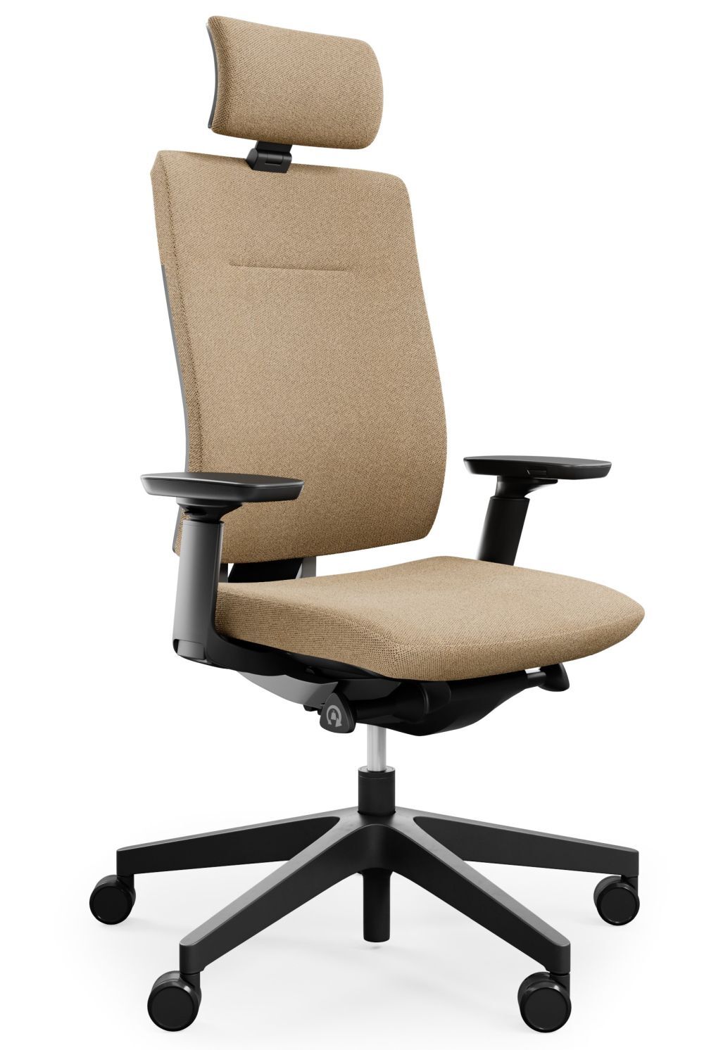 Ergonomischer Bürostuhl in Beige mit Kopfstütze, verstellbaren Armlehnen und Rollen für dynamisches Sitzen.